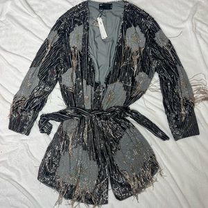 ASOS EDITION Curve floral fringe sequin wrap mini dress in charcoal